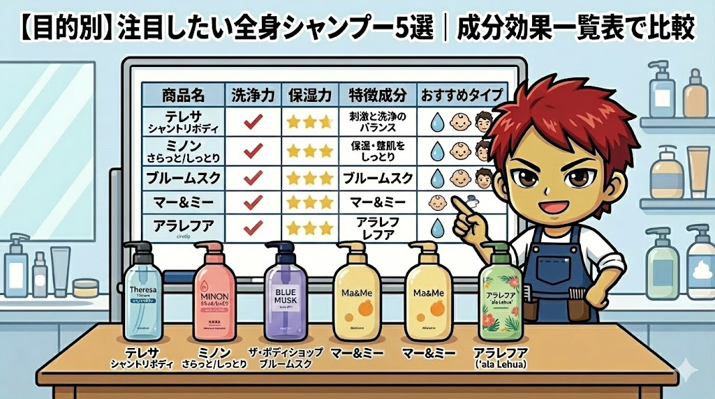 【目的別】注目したい全身シャンプー5選｜成分効果一覧表で比較