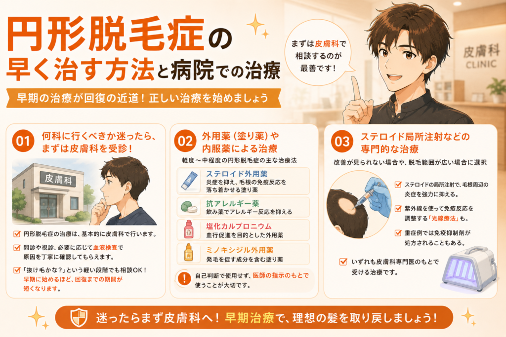 円形脱毛症の早く治す方法と病院での治療