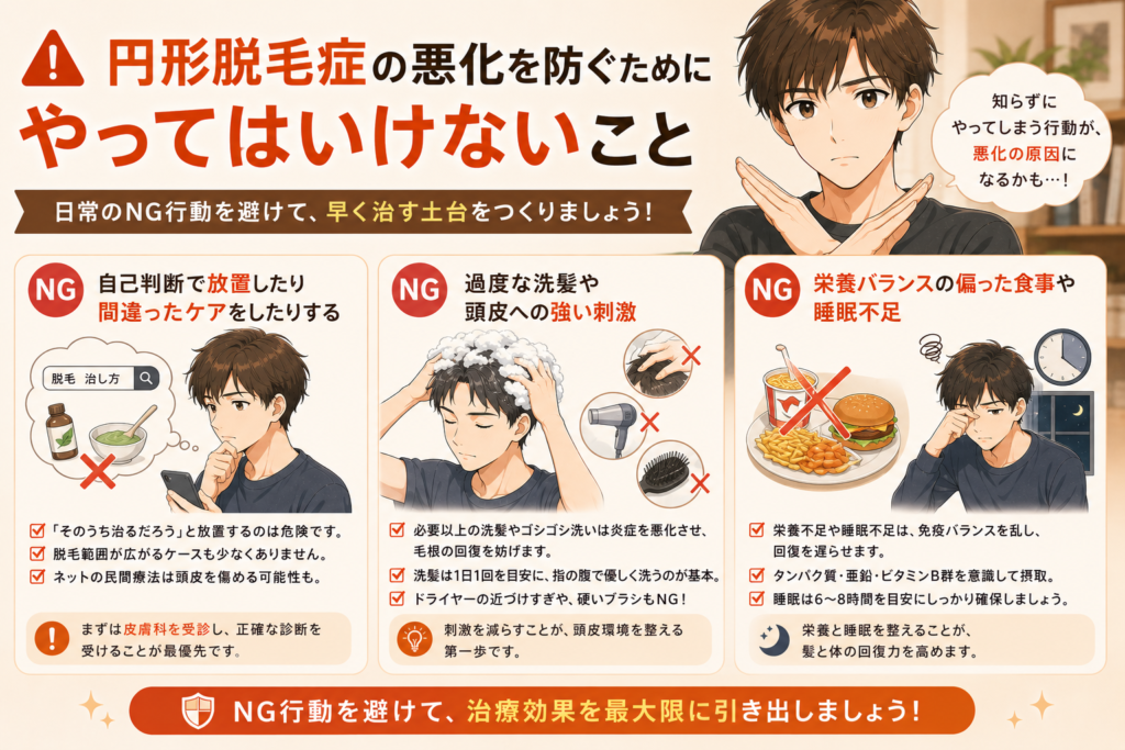 円形脱毛症の悪化を防ぐために。やってはいけないこと