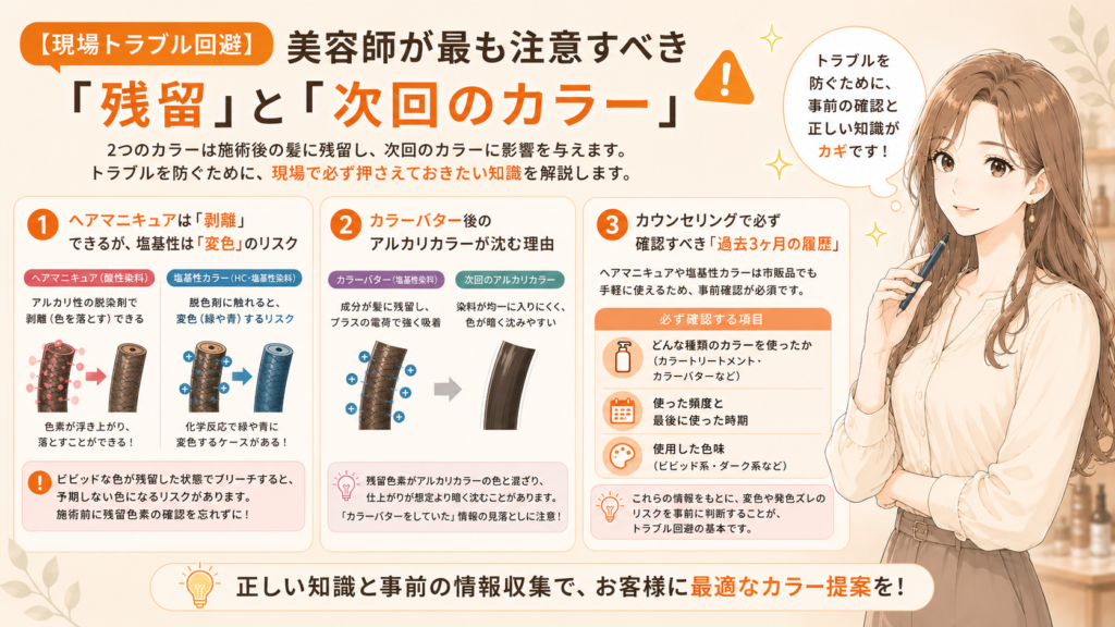 【現場トラブル回避】美容師が最も注意すべき「残留」と「次回のカラー」