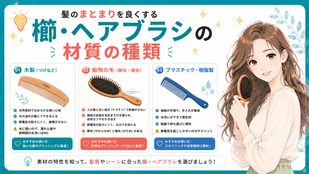 髪のまとまりを良くする櫛・ヘアブラシの材質の種類